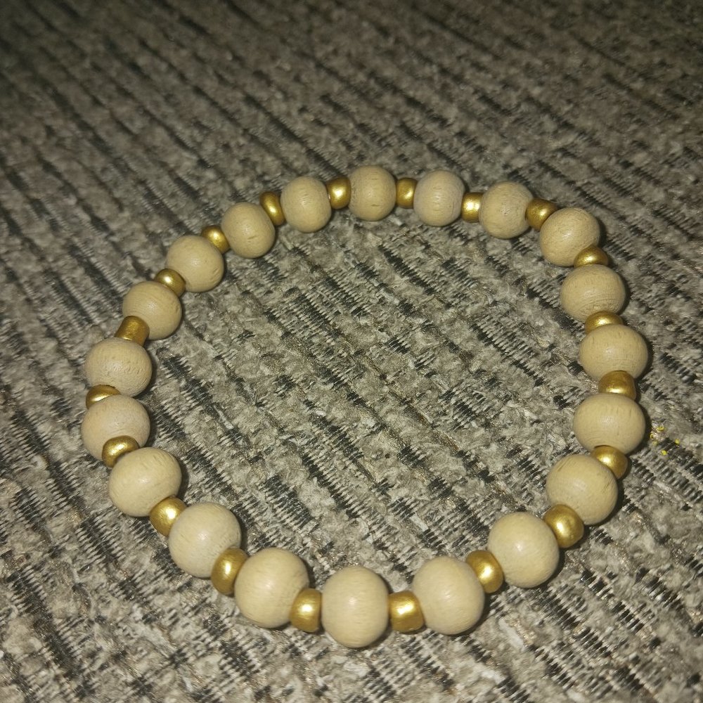 Original Handmade Artisan Beaded Bracelet Beads Jewelry Wooden Tan Gold Beige
